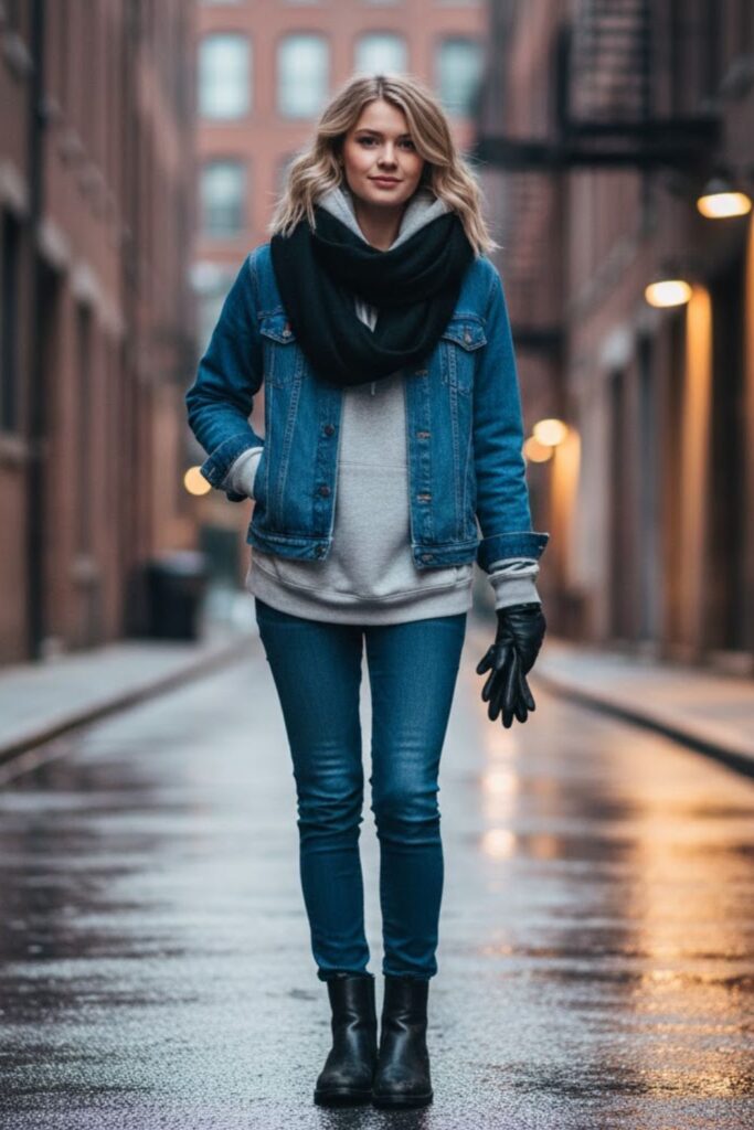9. Black Chelsea Boots with Denim Jacket and Hoodie