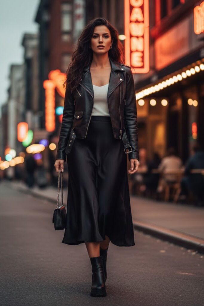 9. Black Silk Midi Skirt with a Leather Jacket