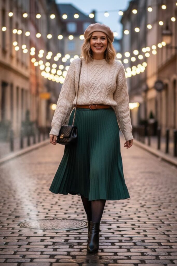 9. Cable Knit Sweater with Pleated Skirt