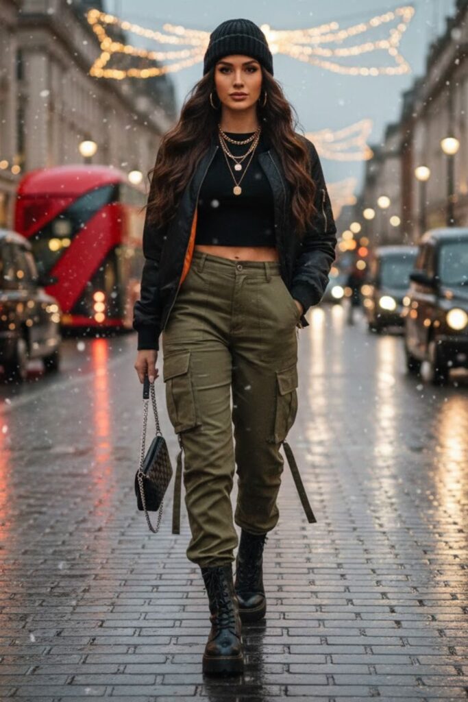 9. Cargo Pants with Crop Top and Statement Jacket