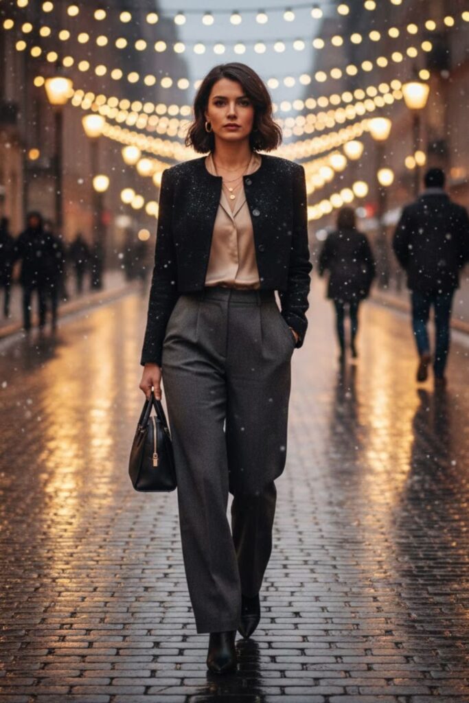 9. Cropped Black Jacket with High-Waisted Trousers