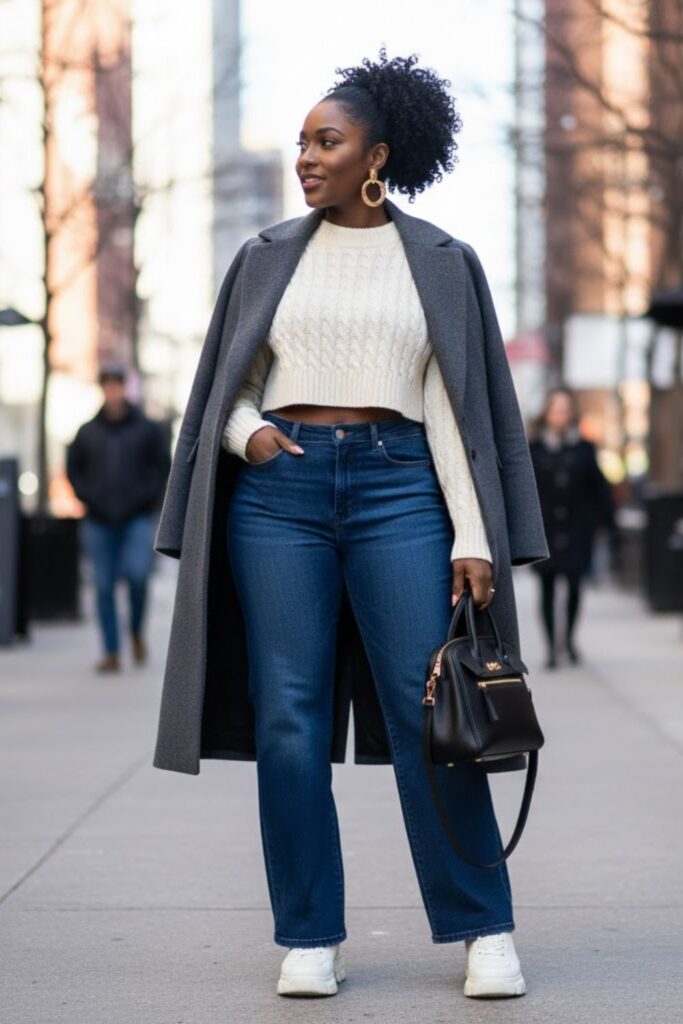 9. Cropped Sweater with High-Waisted Jeans and Coat