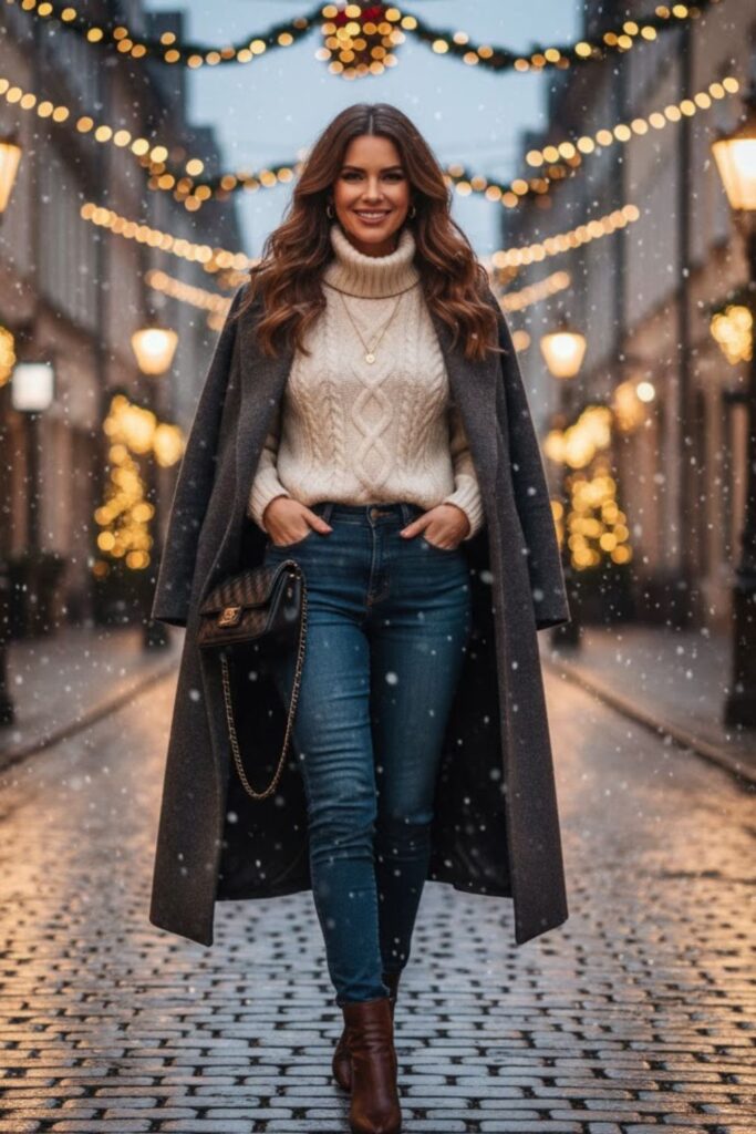 9. Dark Jeans with Cable-Knit Sweater and Boots