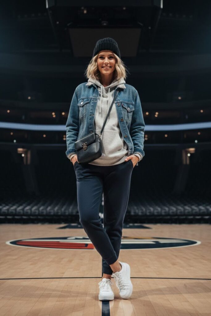 9. Denim Jacket with Hoodie and Joggers
