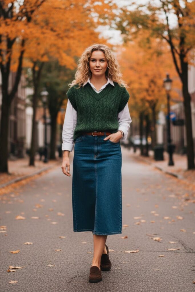 9. Denim Midi Skirt with a Cable-Knit Vest