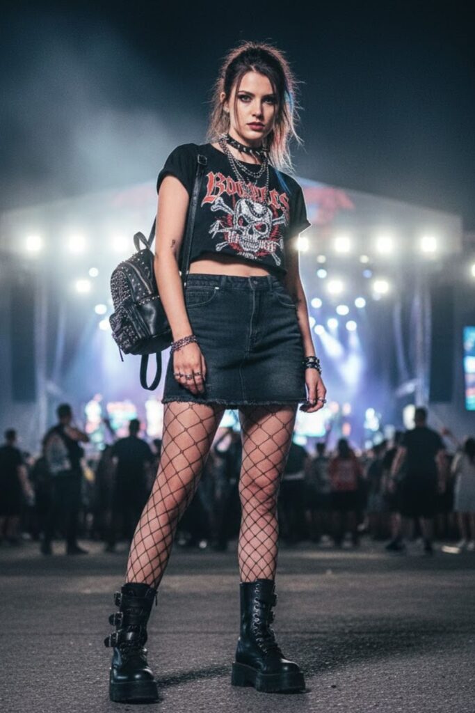 9. Denim Mini Skirt with Graphic Crop Top and Fishnet Tights