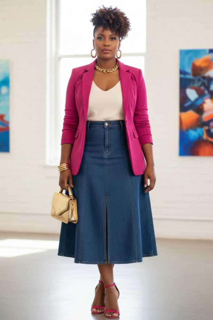 9. Denim Skirt with Colorful Blazer
