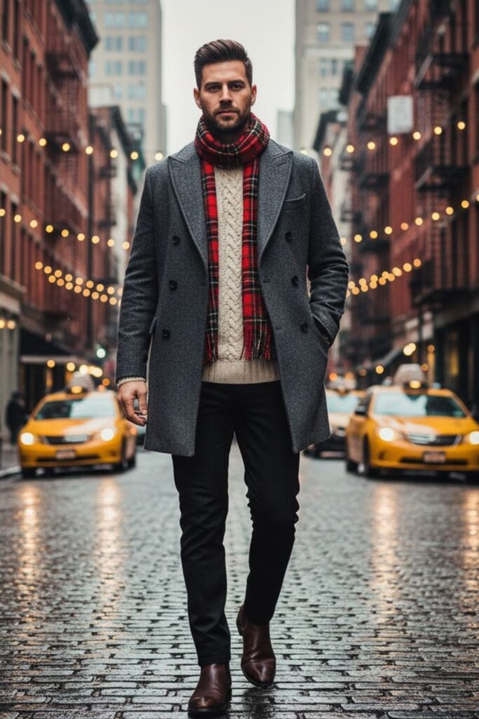 9. Double-Breasted Coat with Scarf