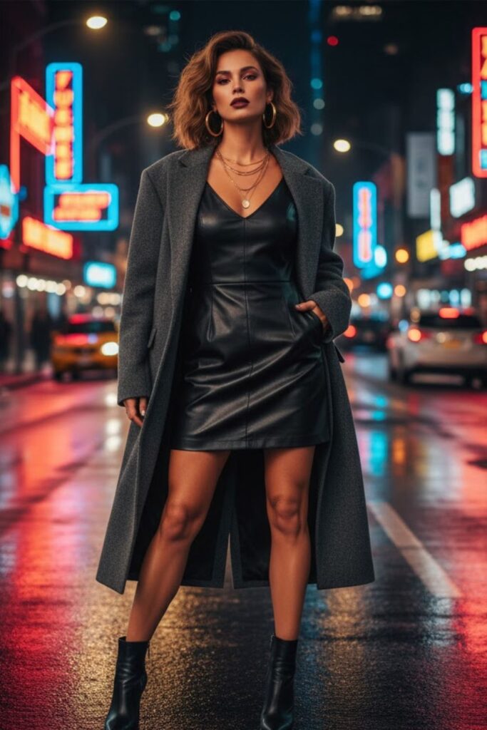 9. Faux Leather Dress with Ankle Boots