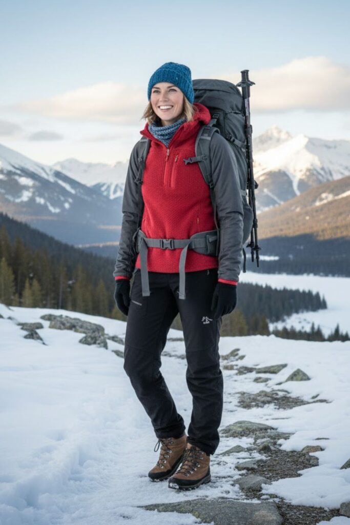 9. Fleece Pullover with Waterproof Pants and Hiking Boots