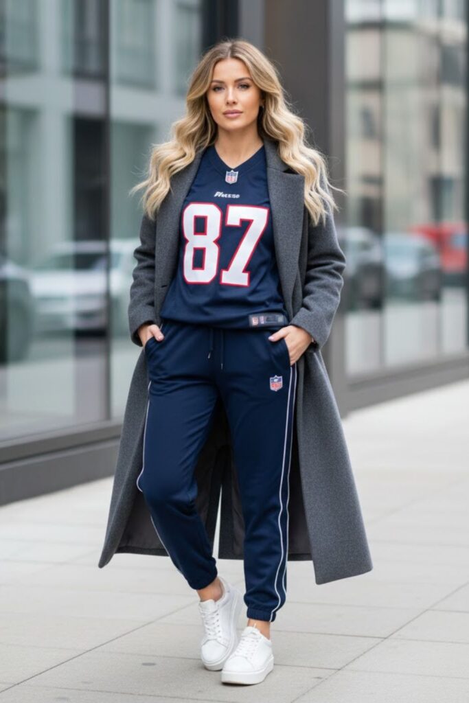 9. Football Jersey with Joggers and Wool Coat