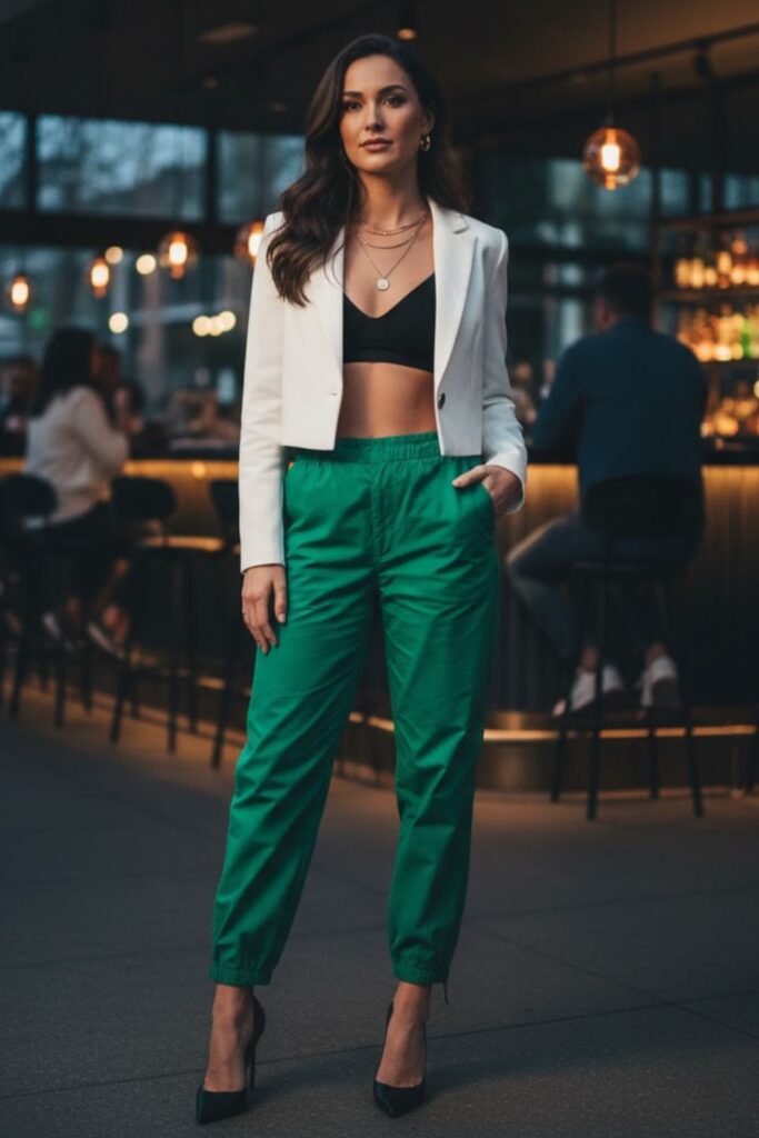 9. Green Parachute Pants with a Cropped Blazer