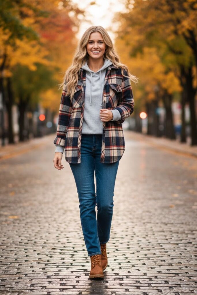 9. Grey Hoodie with Flannel Shirt and Straight-Leg Pants