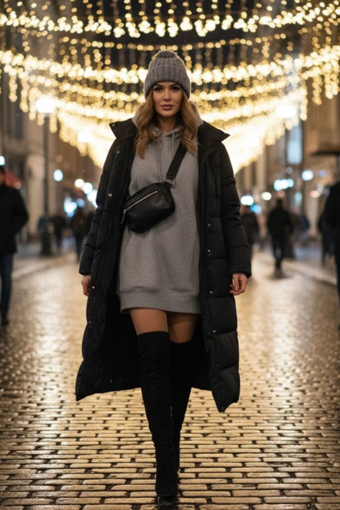 9. Hoodie Dress with Thigh-High Boots