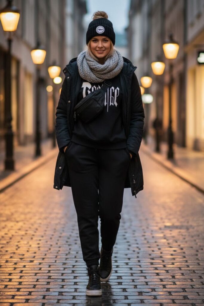9. Joggers with Graphic Sweatshirt and Beanie