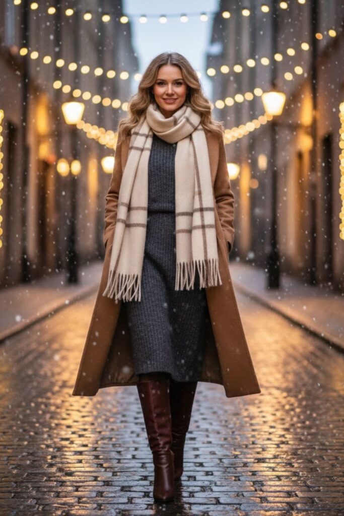 9. Knit Dress with Long Coat and Scarf