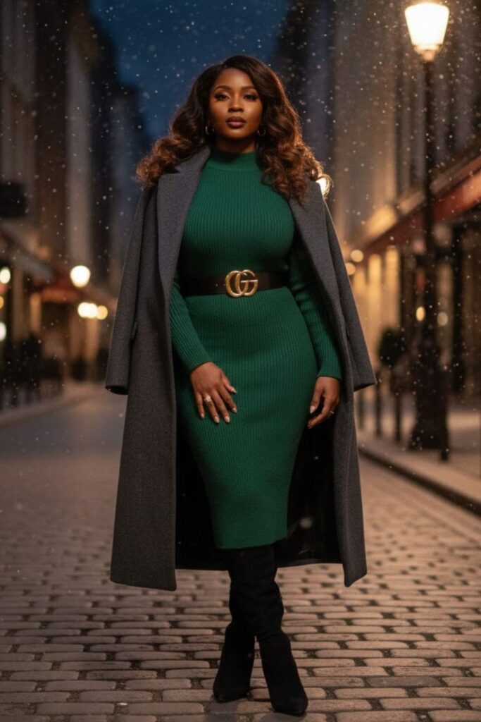 9. Knit Dress with Statement Belt and Over-the-Knee Boots