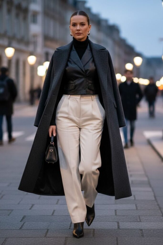 9. Leather Waistcoat with Turtleneck and Wide-Leg Pants