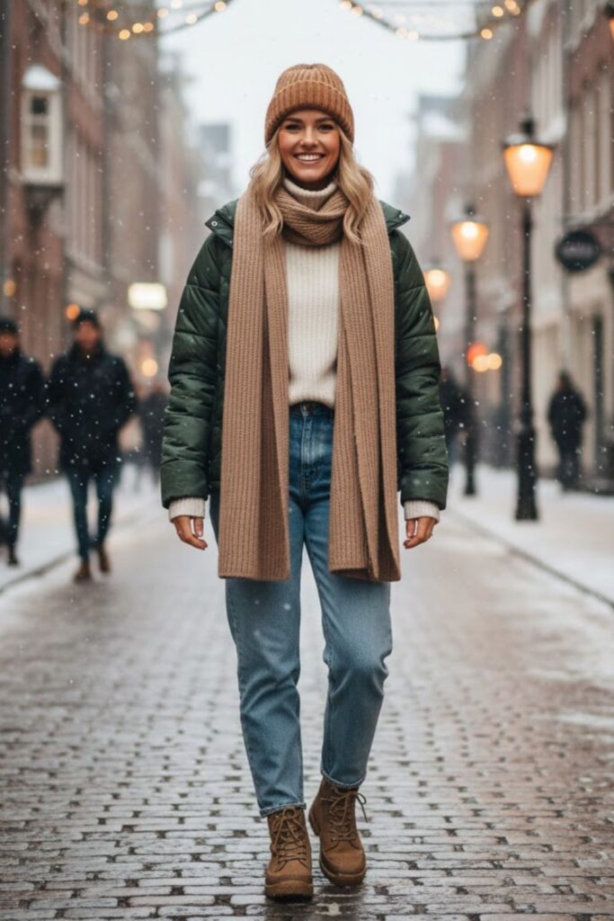 9. Light Wash Jeans with Quilted Jacket