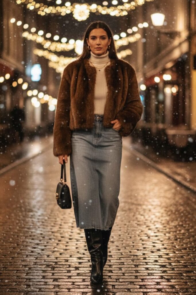 9. Long Denim Skirt with Faux Fur Jacket