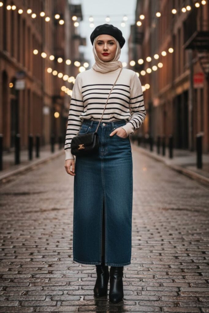 9. Long Denim Skirt with a Striped Sweater and Beret