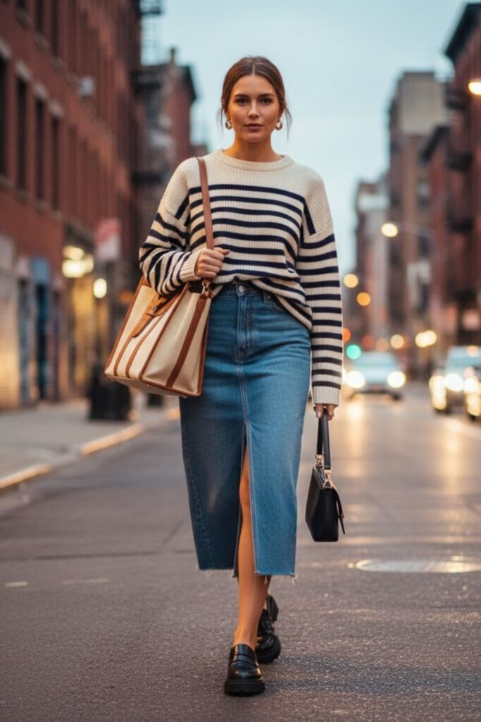 9. Midi Denim Skirt with a Striped Sweater
