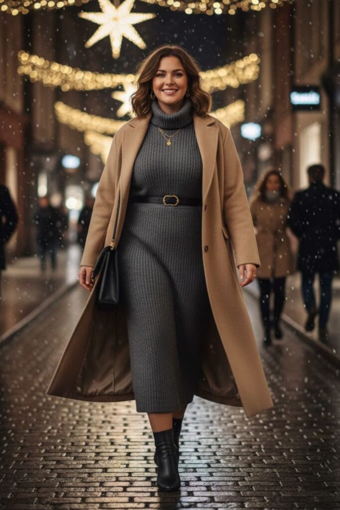 9. Monochrome Knit Set with Coat and Heels