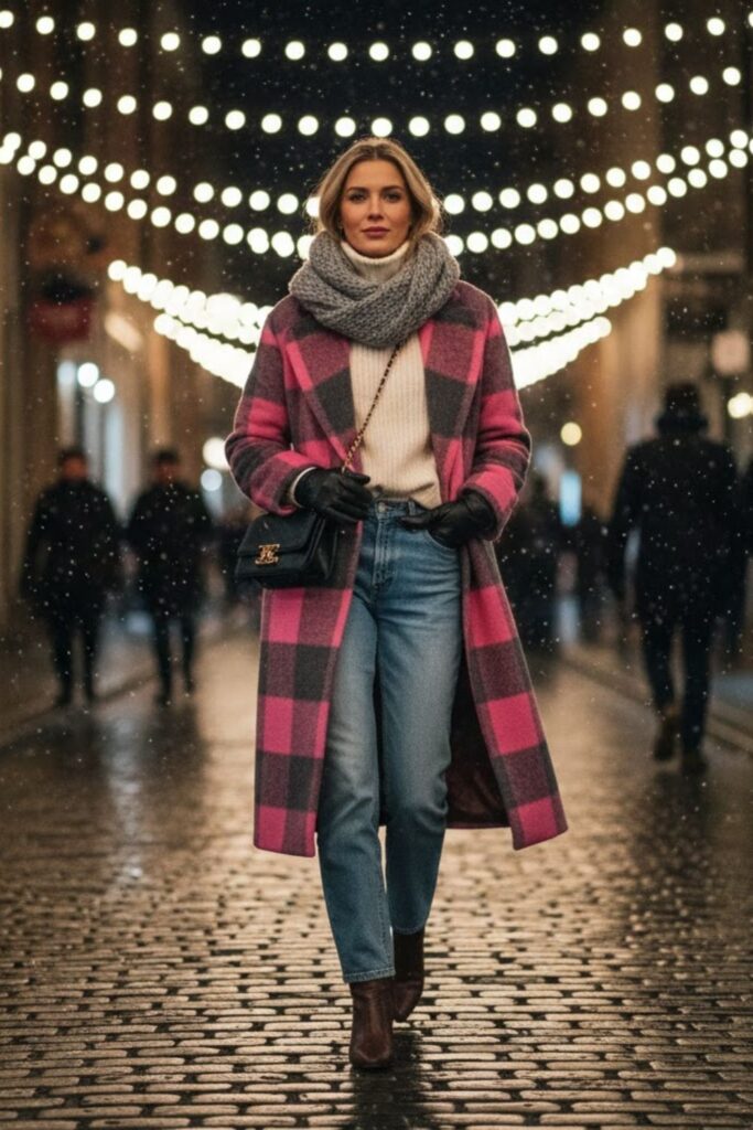9. Pink Plaid Coat with Jeans and Boots