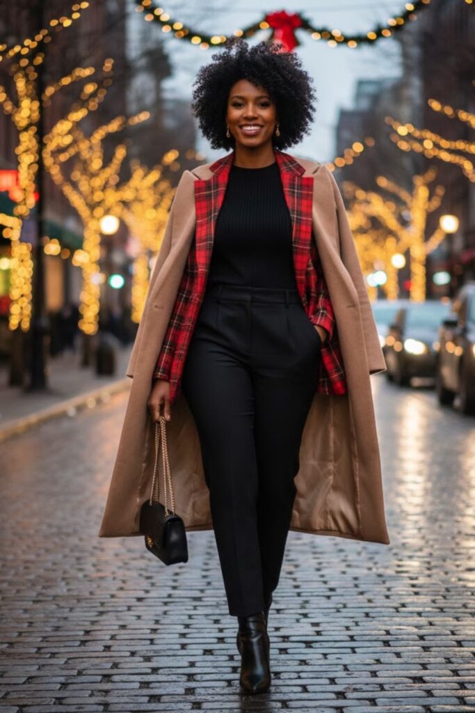 9. Plaid Blazer with High-Waist Pants and Boots