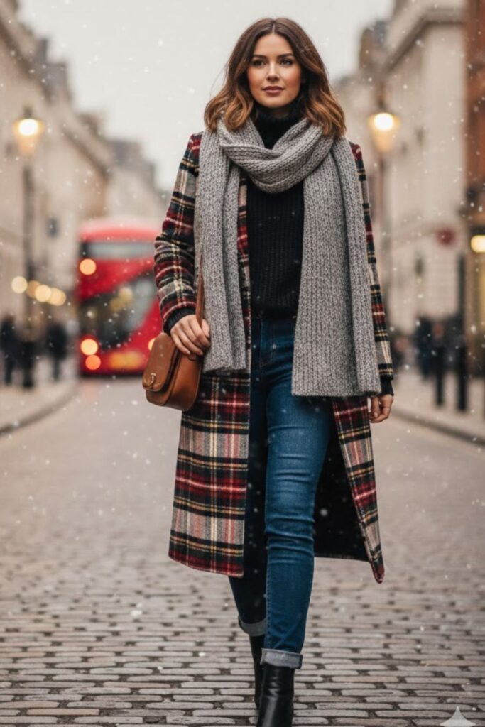 9. Plaid Coat with Jeans and Ankle Boots
