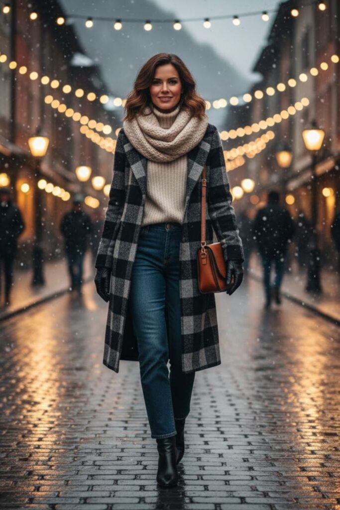 9. Plaid Coat with Jeans and Ankle Boots