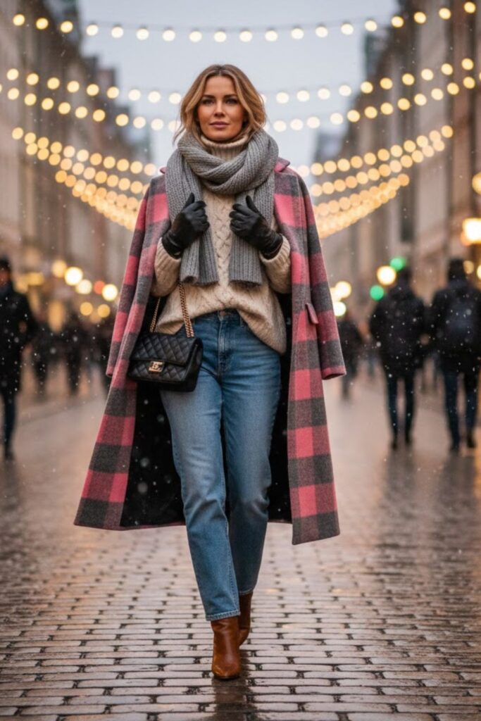 9. Plaid Coat with Straight-Leg Jeans