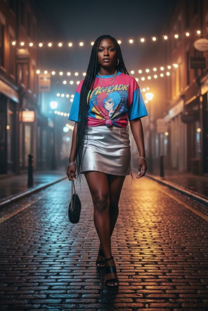 9. Satin Mini Skirt with Graphic Tee