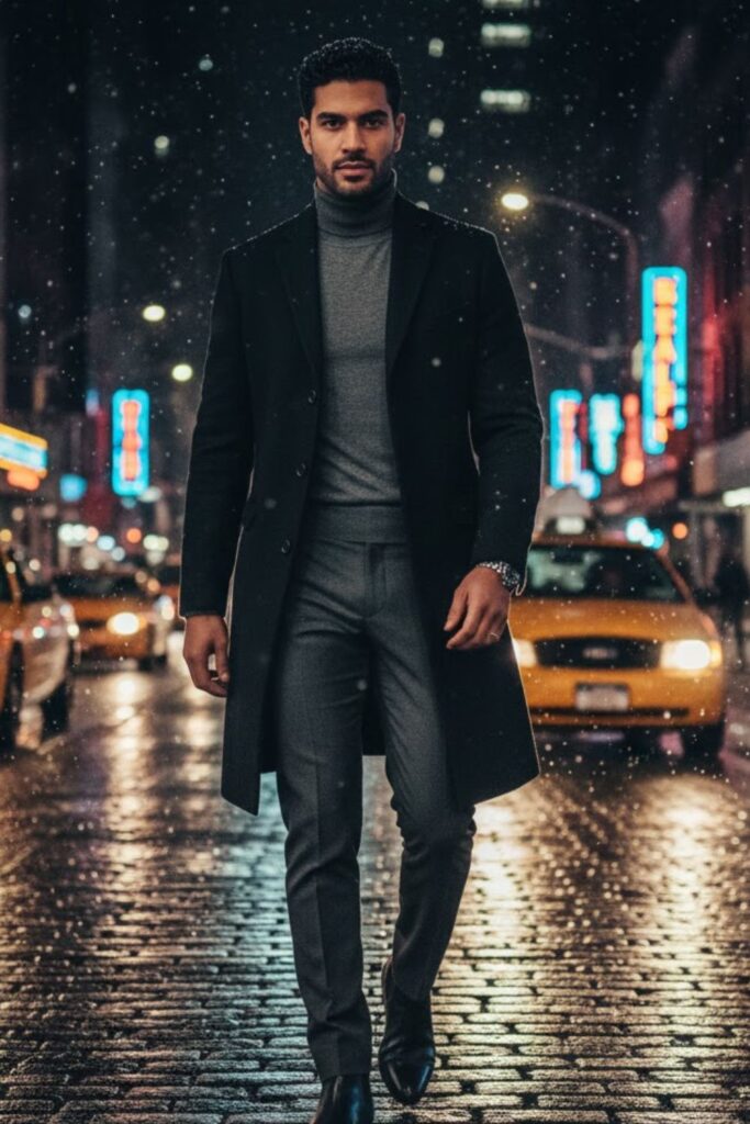 9. Slim-Fit Trousers with Turtleneck and Long Coat (Men)