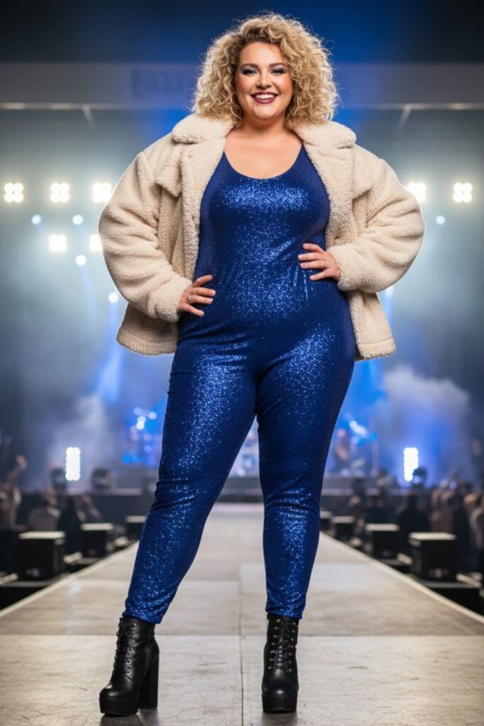 9. Sparkle Jumpsuit + Faux Shearling Jacket