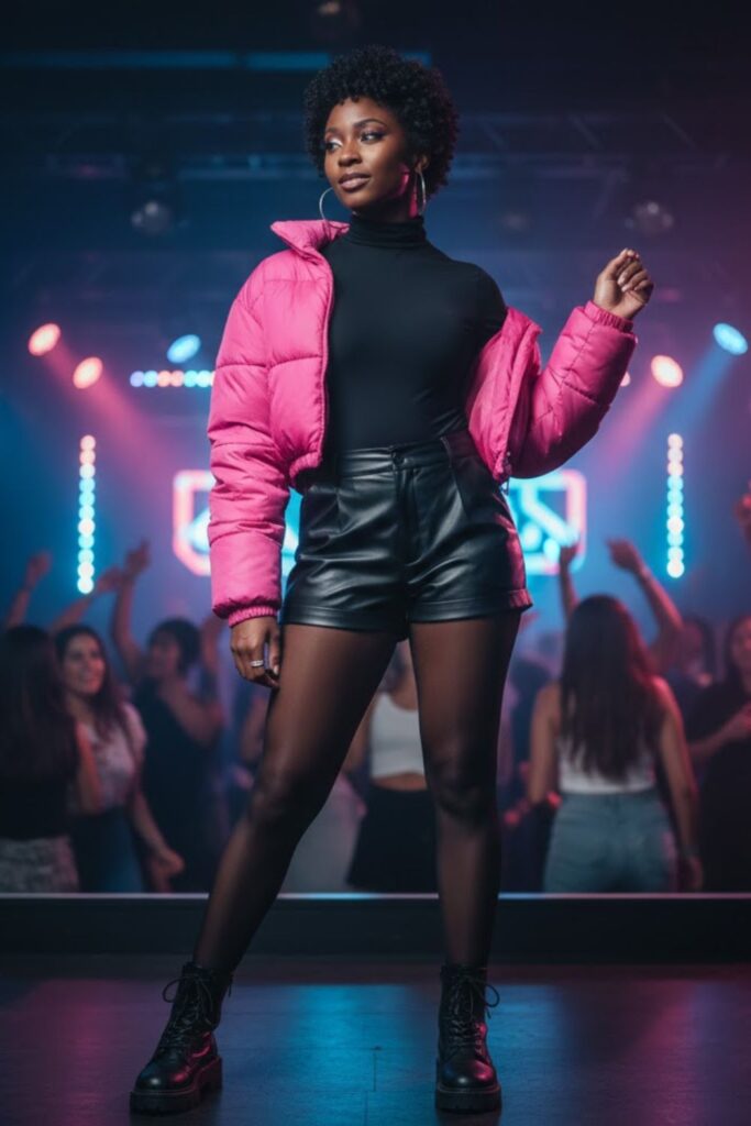 9. Turtleneck Bodysuit with Faux Leather Shorts and Tights