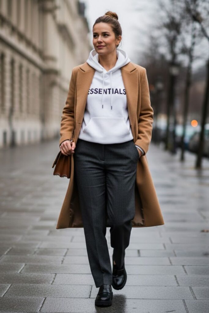 9. White Hoodie with Long Coat and Trousers