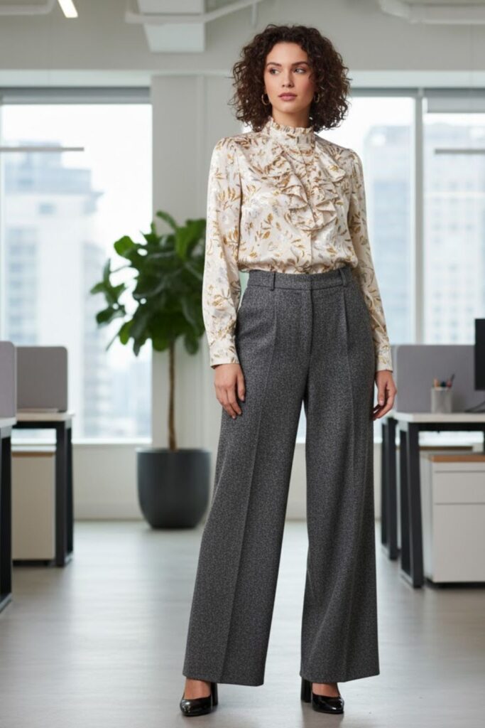 9. Wide-Leg Trousers with Statement Blouse