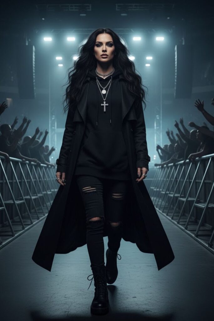 All-black puffer + black hoodie + black cargos + black sneakers