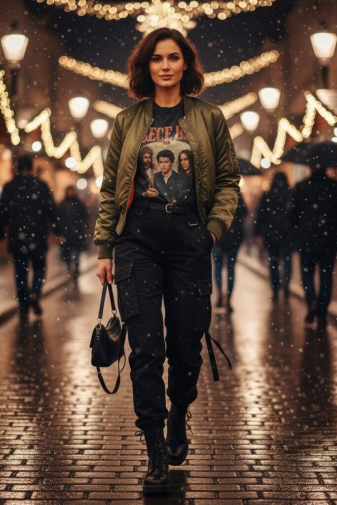 Band Tee with Bomber Jacket and Cargo Pants