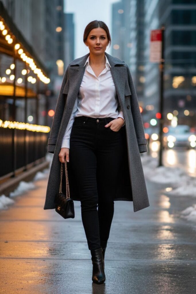 Black High-Waisted Jeans with Button-Up Shirt and Coat