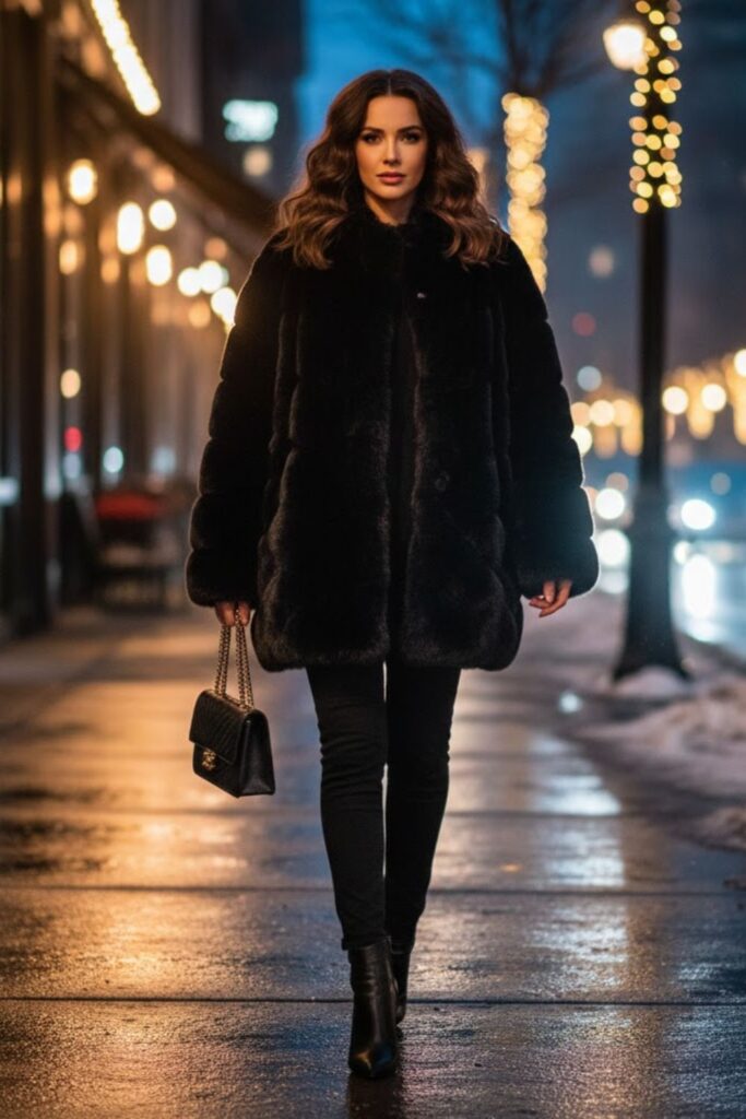 Black Jeans with Faux Fur Coat and Loafers