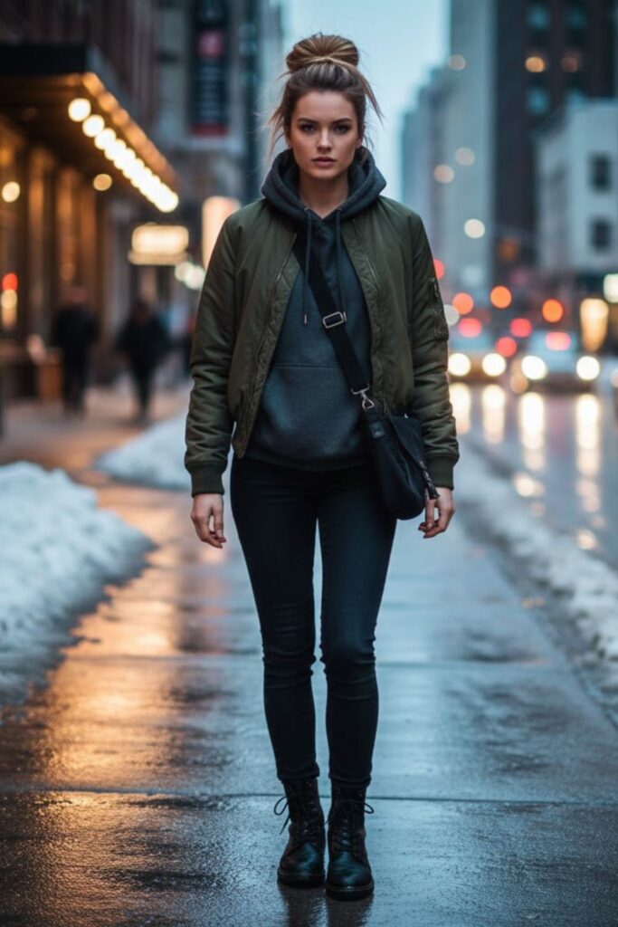Black Jeans with Hoodie and Bomber Jacket