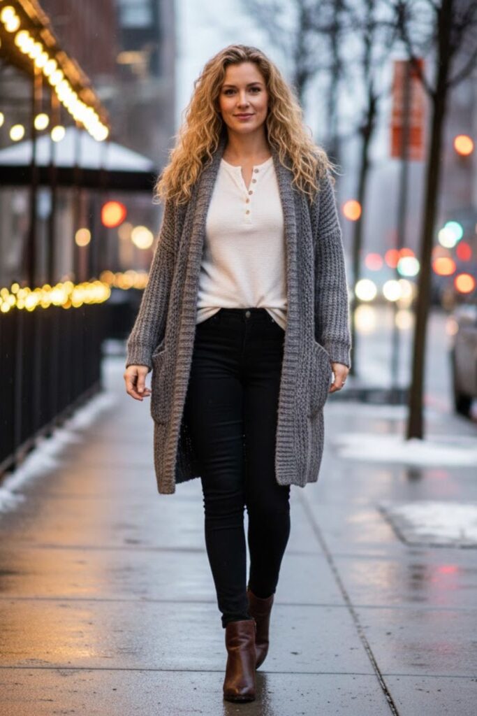 Black Jeans with Long Cardigan and Ankle Boots