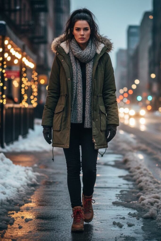 Black Jeans with Parka Jacket and Hiking Boots