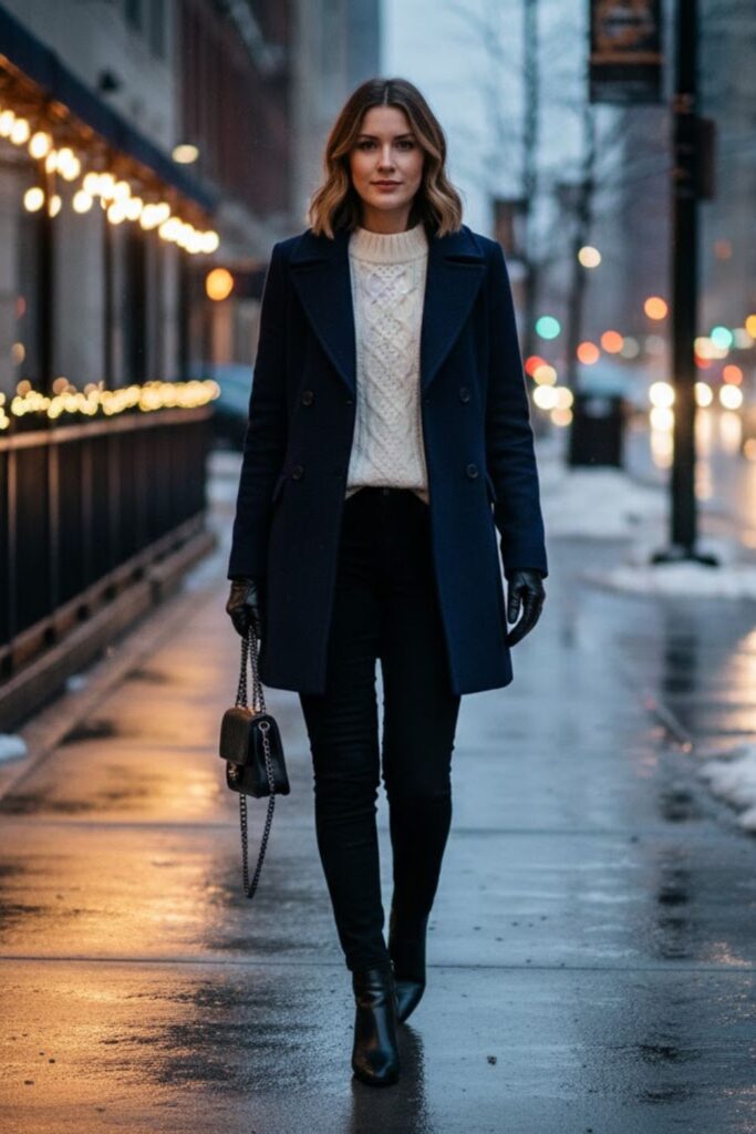 Black Jeans with Peacoat and Knit Sweater