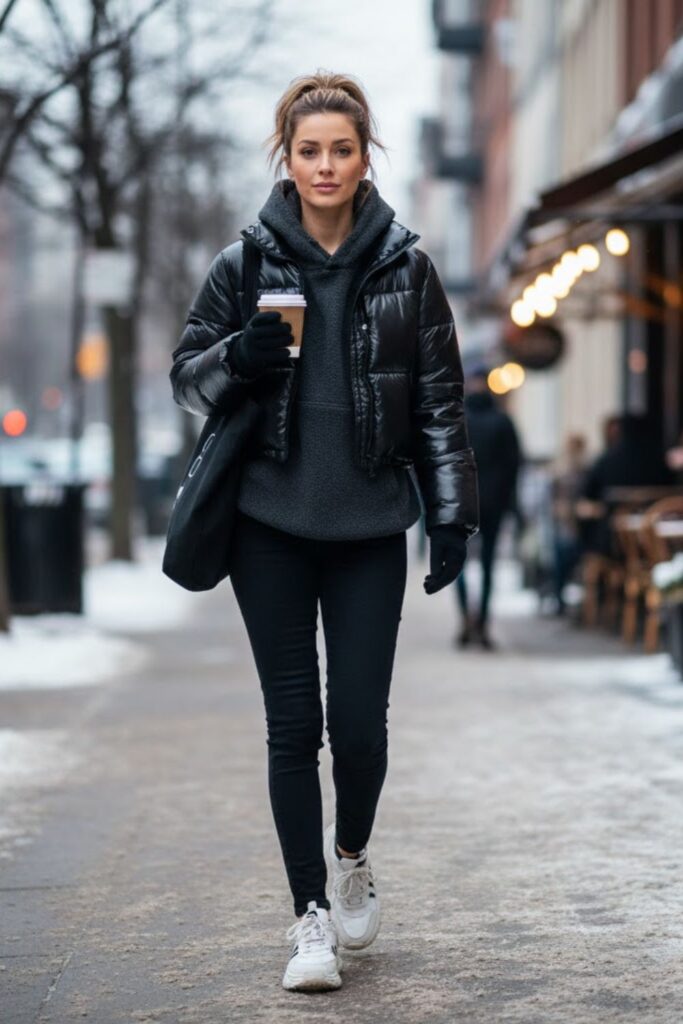 Black Jeans with Puffer Jacket and Sneakers