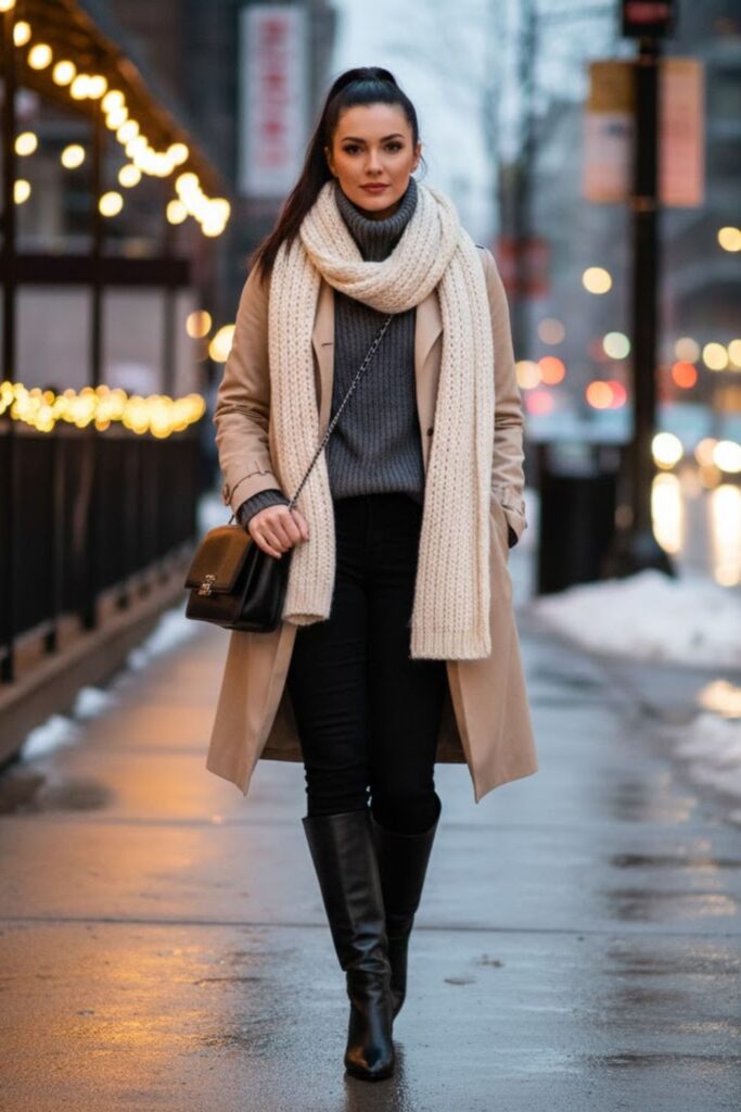 Black Jeans with Turtleneck, Scarf, and Trench Coat