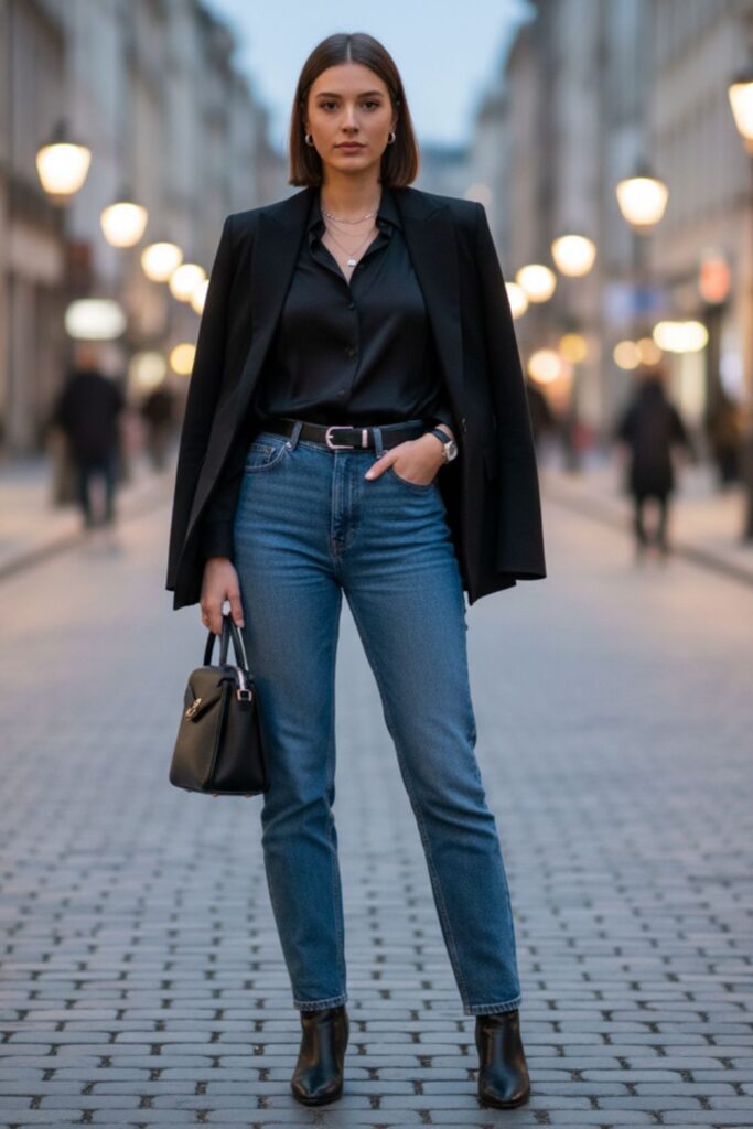 Black Oversized Shirt with High-Rise Blue Jeans
