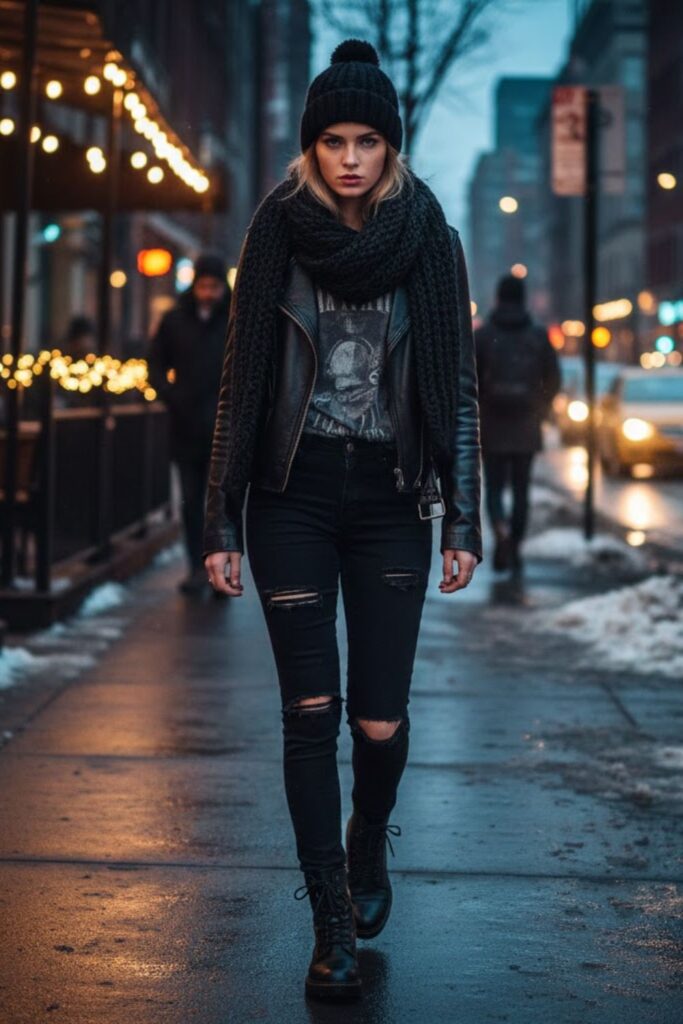 Black Ripped Jeans with Leather Jacket and Combat Boots